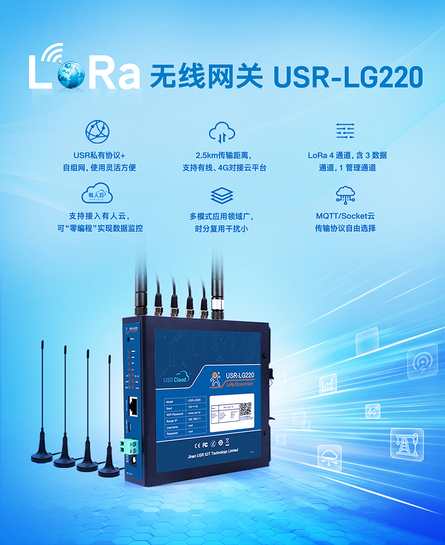 LoRa无线网关USR-LG220-L，私有协议组网便捷，支持通博TBET云，零编程数据监控