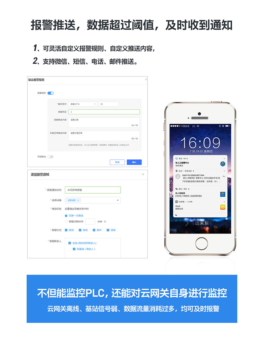 低成本PLC云网关：报警推送，数据超过阈值及时收到通知